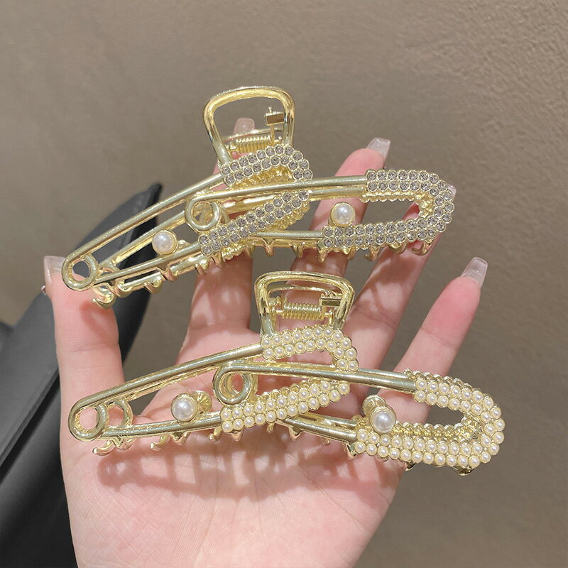 金屬別針抓夾珍珠水鉆鯊魚發夾夏季優雅氣質後腦勺頭發發抓女