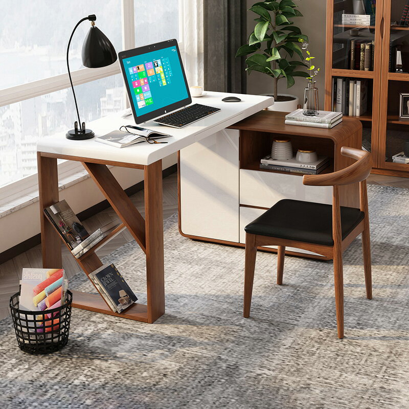 北歐電腦桌簡約現代臥室轉角書桌書櫃組合家用辦公桌書臺書房家具