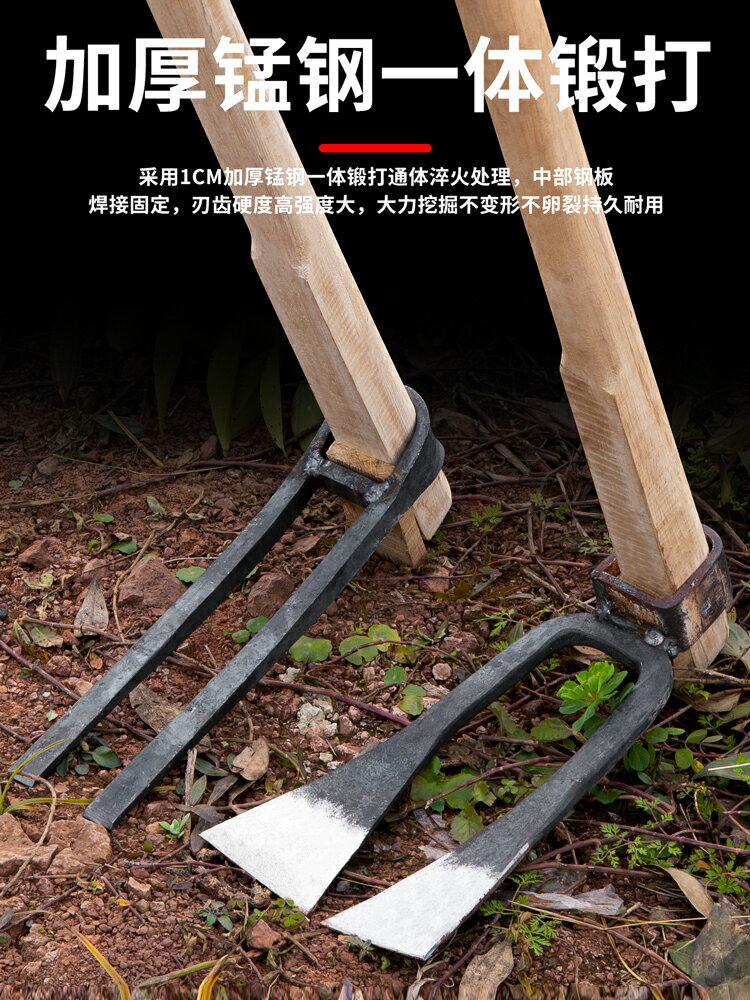 農用二齒鋤頭撅頭松翻土挖地種菜鍛打農用老式挖筍兩齒耙子釘耙
