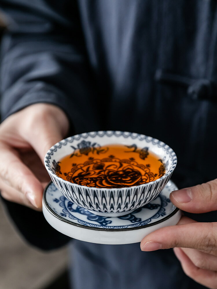 功夫小茶杯墊青花十二生肖斗笠杯簡約家用陶瓷單杯主人杯品茗杯