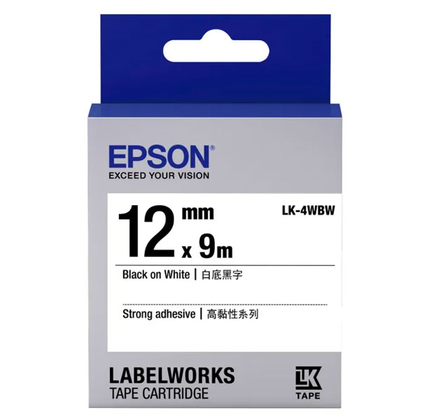 EPSON 高黏性 標籤帶 (白底黑字/12mm) /個 LK-4WBW S654410
