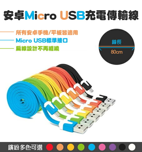 安卓MICRO USB彩色傳輸線 現貨 當天出貨 扁線 充電 多色可選 馬卡龍　長度80公分【coni shop】 0
