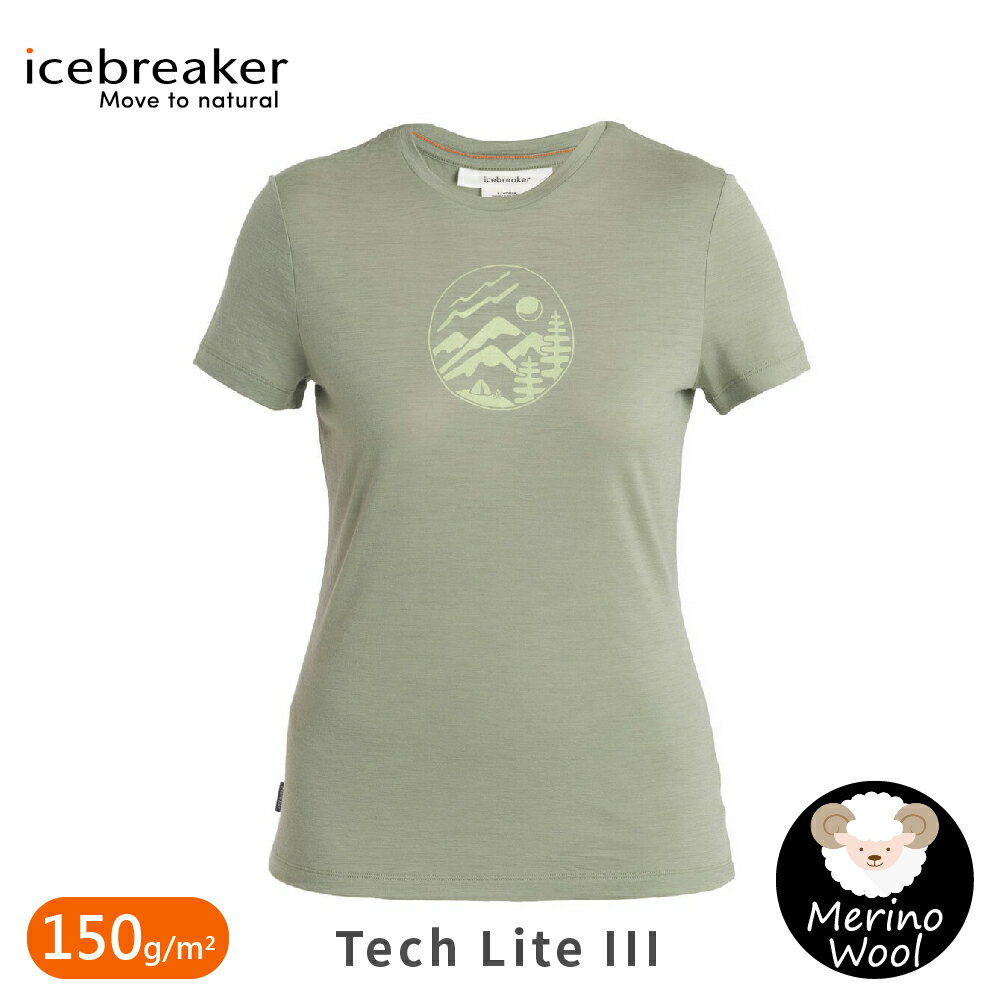 【Icebreaker 女 Tech Lite III圓領短袖上衣(營地景緻)150《草綠》】0A56YD/排汗衣