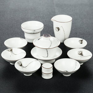 白瓷功夫茶具套裝手繪陶瓷泡茶蓋碗喝茶杯家用整套茶具禮盒裝