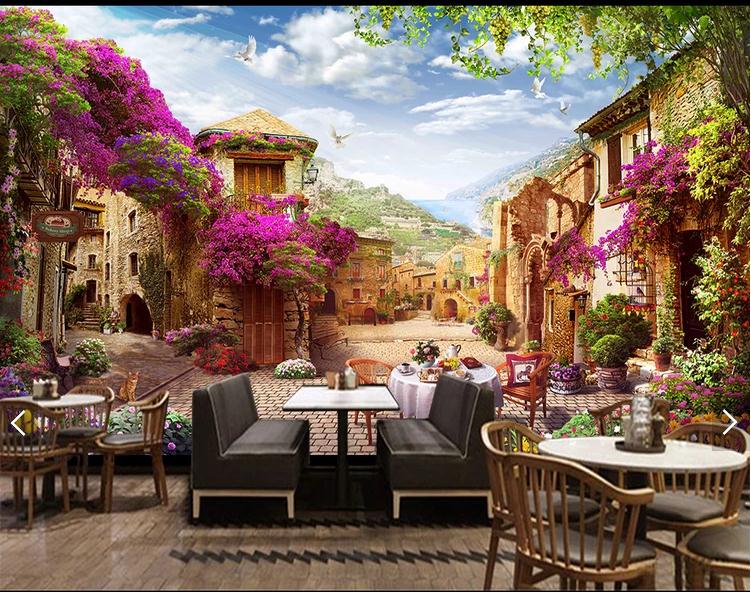 浪漫歐式小鎮復古城市街景壁紙餐廳咖啡廳背景墻紙3d風景建筑壁畫