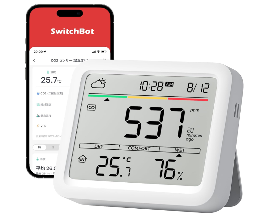 SwitchBot 二氧化碳 感測器｜6 合 1 空氣品質監測 溫濕度計 智慧連動 大螢幕顯示 支援 Alexa Google Home Siri 日本代購