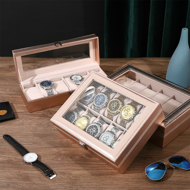 手錶收納盒 玫瑰金色高檔皮質手錶收納盒腕錶盒子玻璃天窗手錶首飾盒手鍊收藏『XY18354』