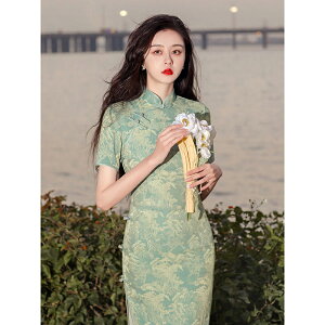 旗袍2022年新款夏季年輕款氣質改良復古綠色長款中國風女裝連衣裙