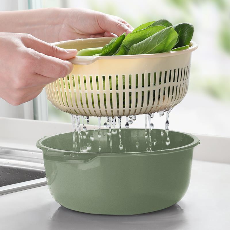 【滿299出貨】廚房洗菜盆瀝水籃雙層鏤空洗水果籃子塑膠洗菜藍大容量創意水果盆