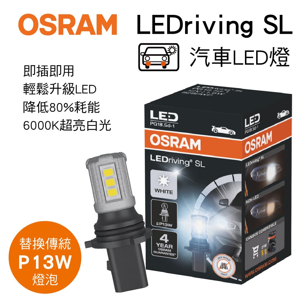 真便宜 OSRAM歐司朗 LEDriving SL 828DWP LED燈(P13W替換)白光/6000K(1入)