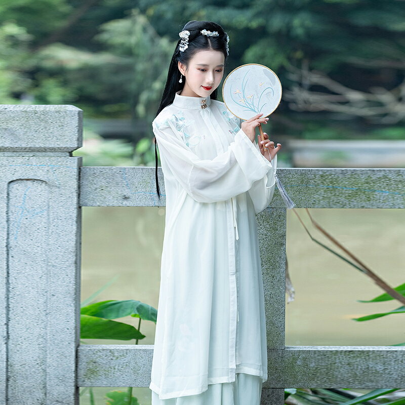 春夏新款中國風傳統漢服日常復古刺繡紗衫一片式齊腰下裙套裝1入