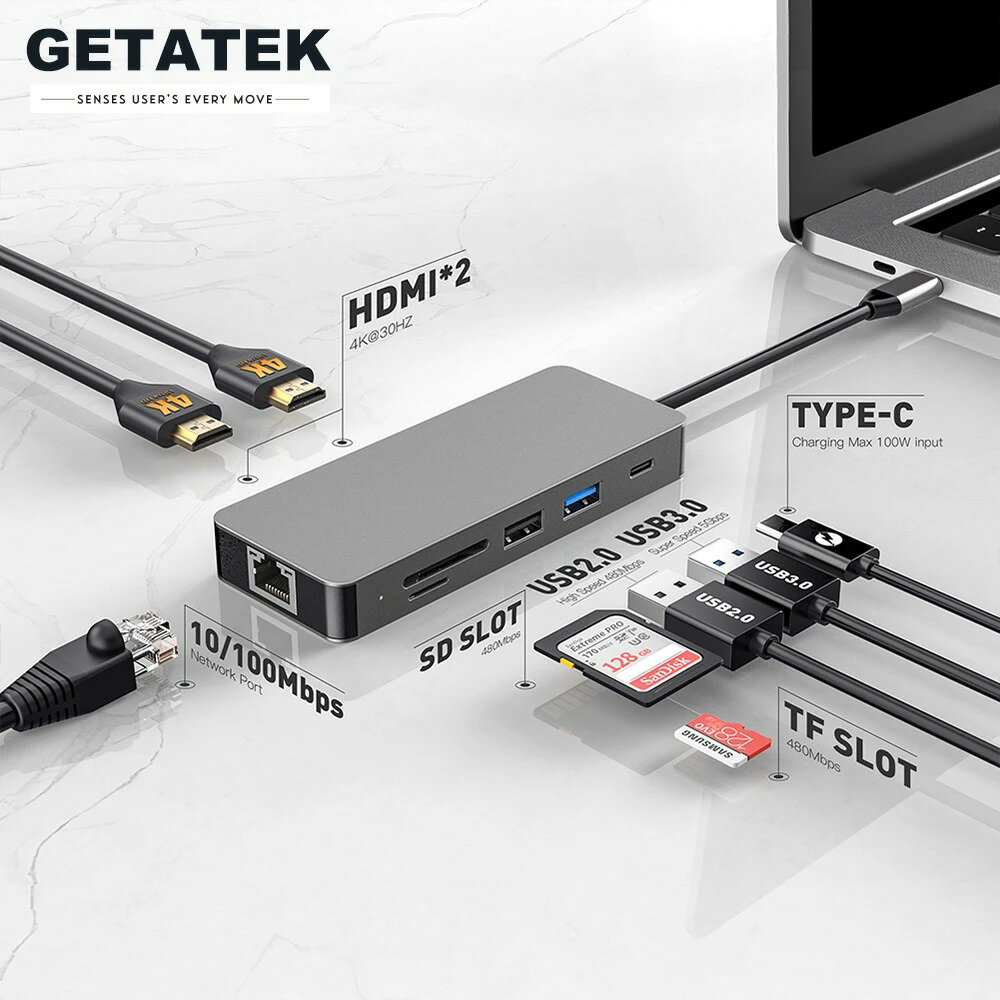 【日本代購】Getatek USB 集線器 8 合 1 C 型 3.0 至 4K HDMI 轉接器，附 RJ45 SD/TF 讀卡機 PD 充電，適用於 MacBook 筆記型電腦