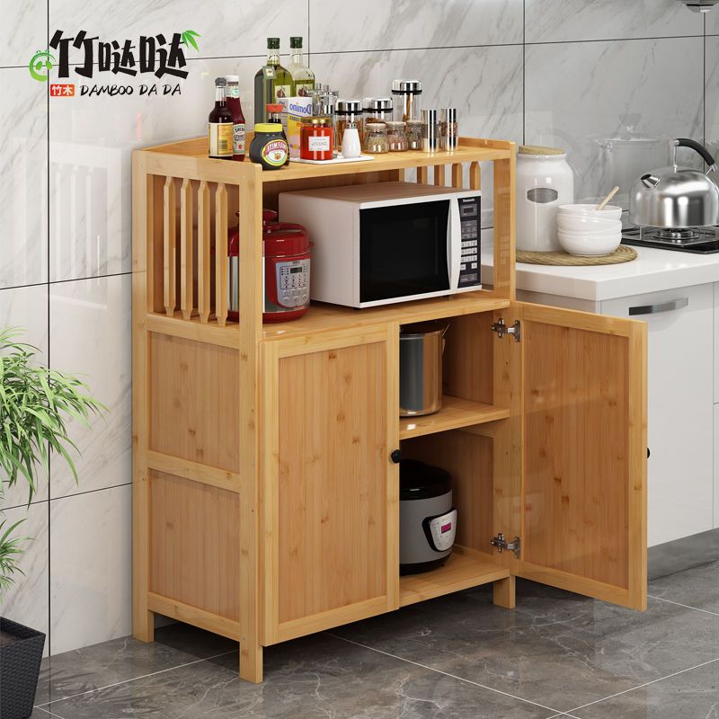廚房置物架多層落地家用電器烤箱微波爐帶門櫥柜雜物架子實木簡易