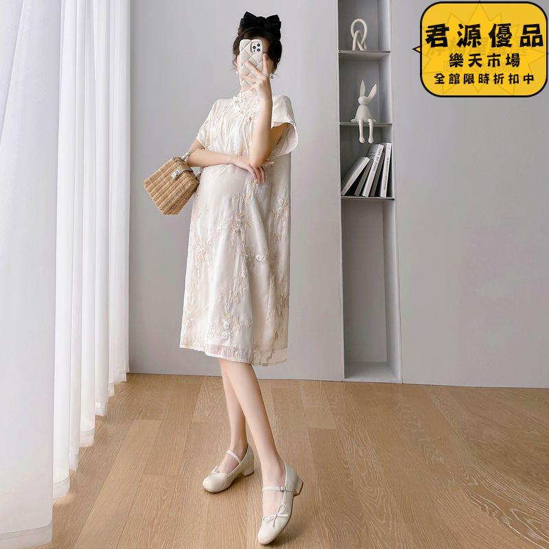 短袖洋裝 孕婦裝 連衣裙 時尚刺繡孕婦裙 新中式國風旗袍扣裙子 小個子孕婦裙 孕婦裙