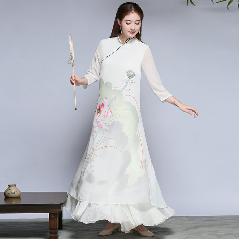 秋季中國風改良旗袍琴服印花連衣裙茶服禪意茶服雪紡中式長裙1入