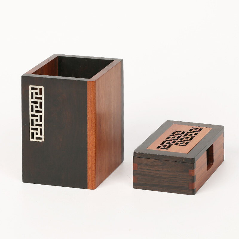 復古中國風紅木筆筒名片盒 實木質桌面收納辦公套裝 黑檀木定制刻字創意時尚簡約