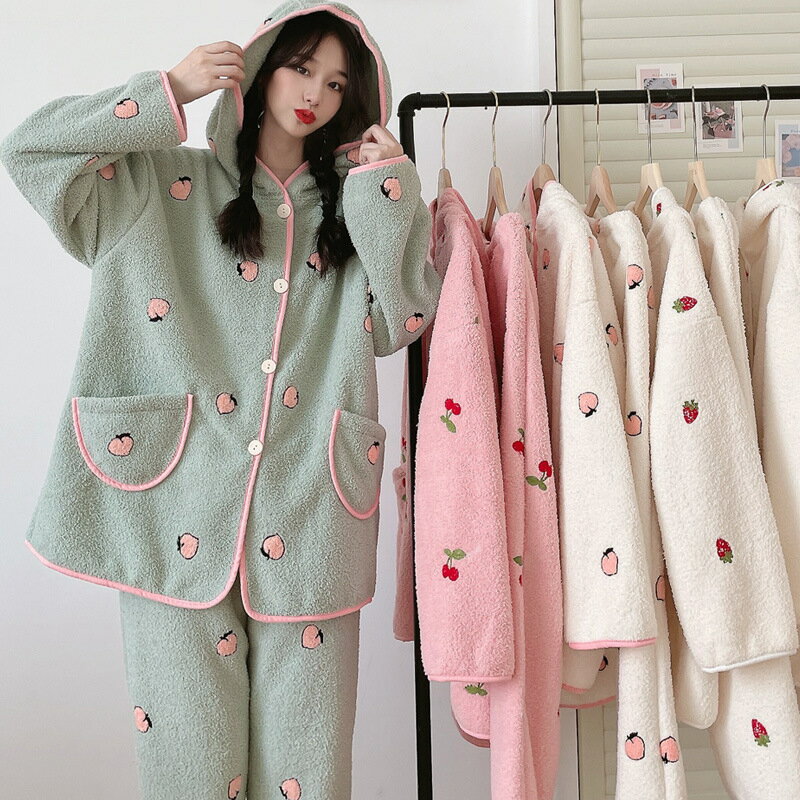 冬季女士睡衣復合加絨加厚珊瑚絨連帽保暖時尚慵懶休閑家居服套裝