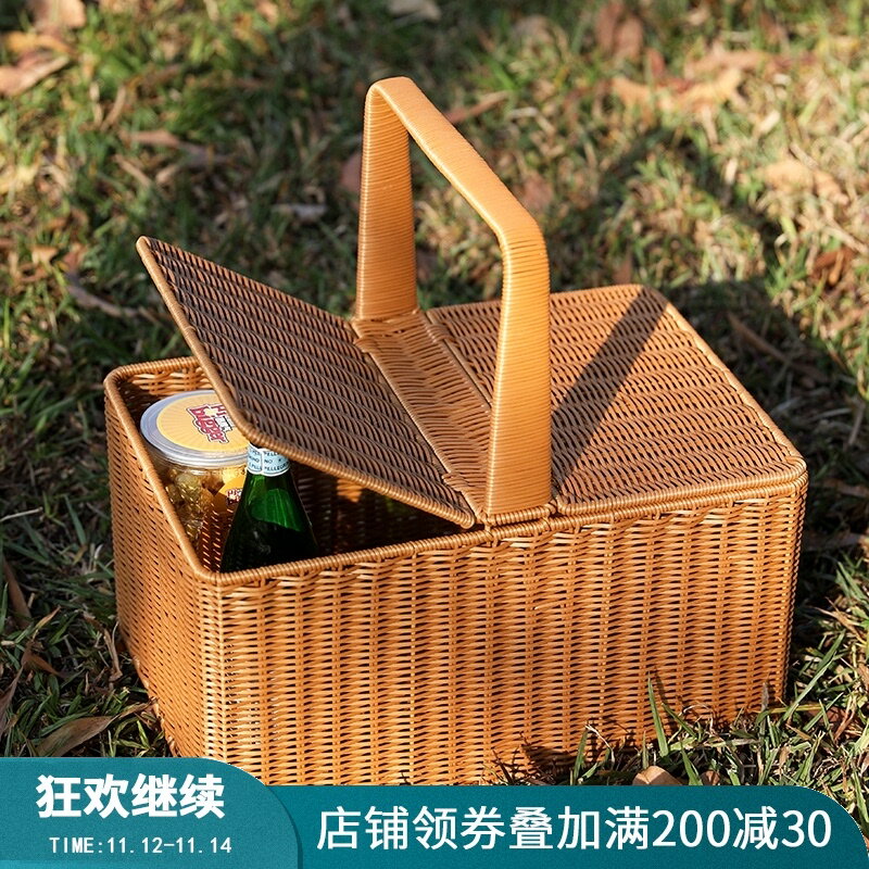 戶外手提收納盒飯菜盒提手野餐籃子帶蓋仿藤編 網紅INS野吹筐大號