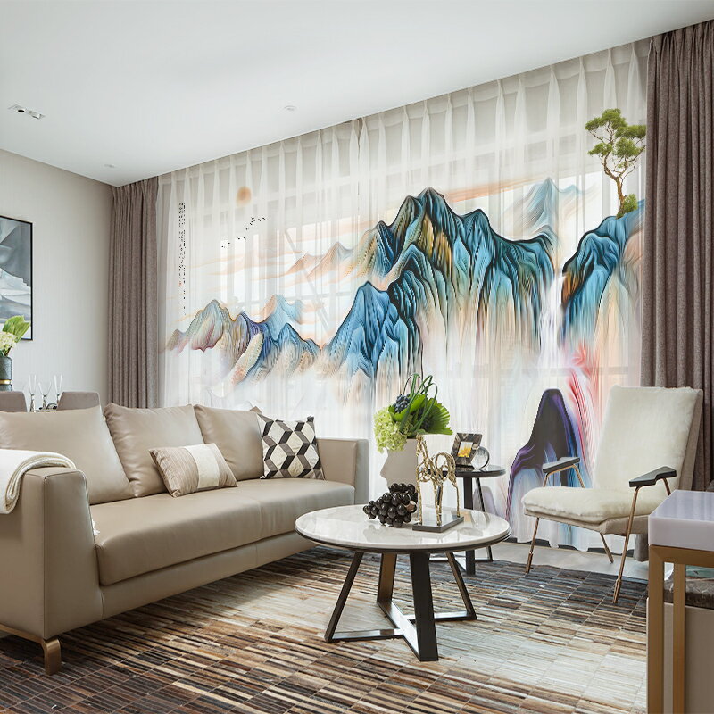 全屋定制山水畫窗簾新中式風格窗紗中國風客廳臥室高檔大氣包安裝