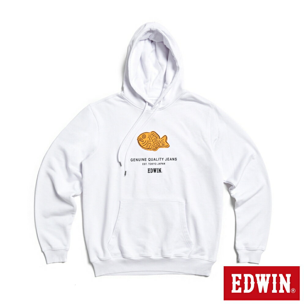 EDWIN 男女款 東京散策系列 鯛魚燒連帽長袖T恤(白色)