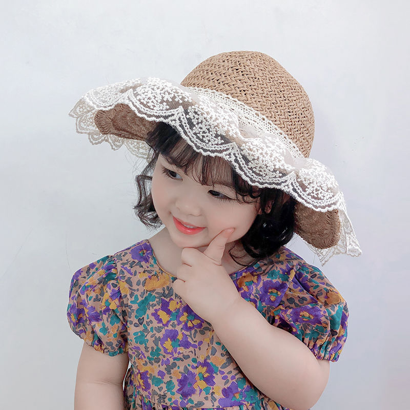 兒童草帽女童夏季透氣蕾絲蝴蝶結遮陽防曬寶寶公主外出防曬沙灘帽