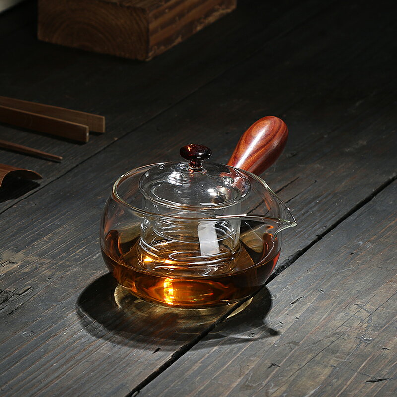 恬靜生活 側把木把玻璃茶壺 溫花茶茶過濾帶蓋耐熱功夫茶具煮茶器