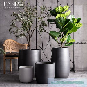 北歐大花盆種植物仿真樹裝飾缸室外陽臺裝飾簡約黑色創意落地花瓶
