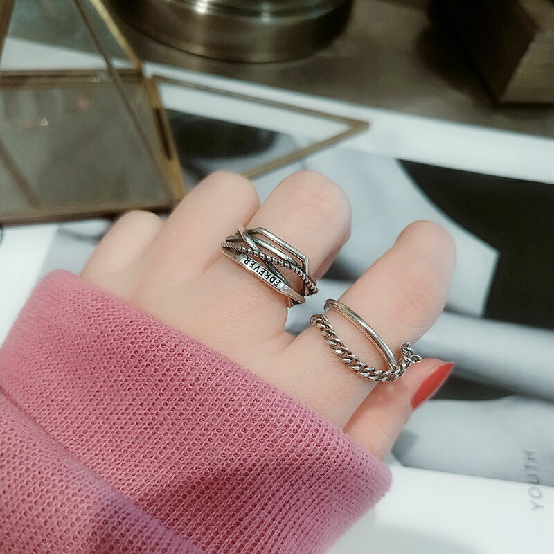 s925純銀復古做舊戒指女幾何設計嘻哈風個性潮人時尚百搭指環cool1入