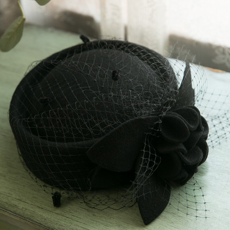 【巴黎精品】禮帽毛呢帽-法式網紗立體珍珠花朵毛呢女帽子子3色v1am5