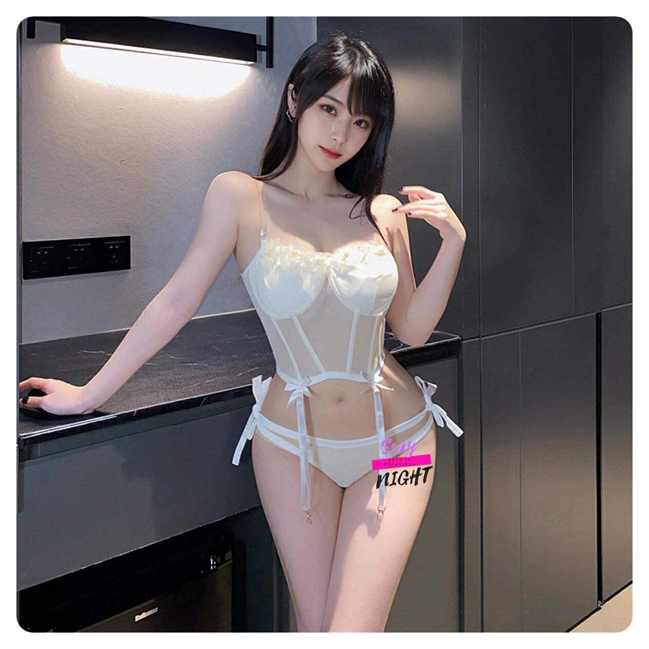 《H7500》花朵飾胸鋼圈馬甲套裝