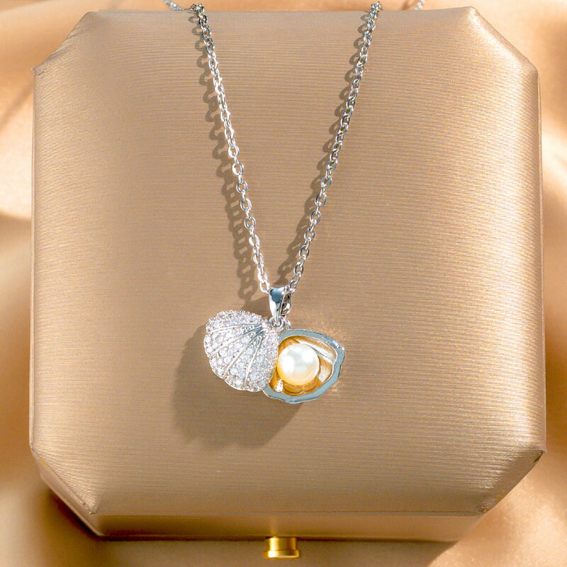 ins風韓版新款珍珠貝殼項鏈女小眾設計感網紅鎖骨鏈簡約鈦鋼飾品