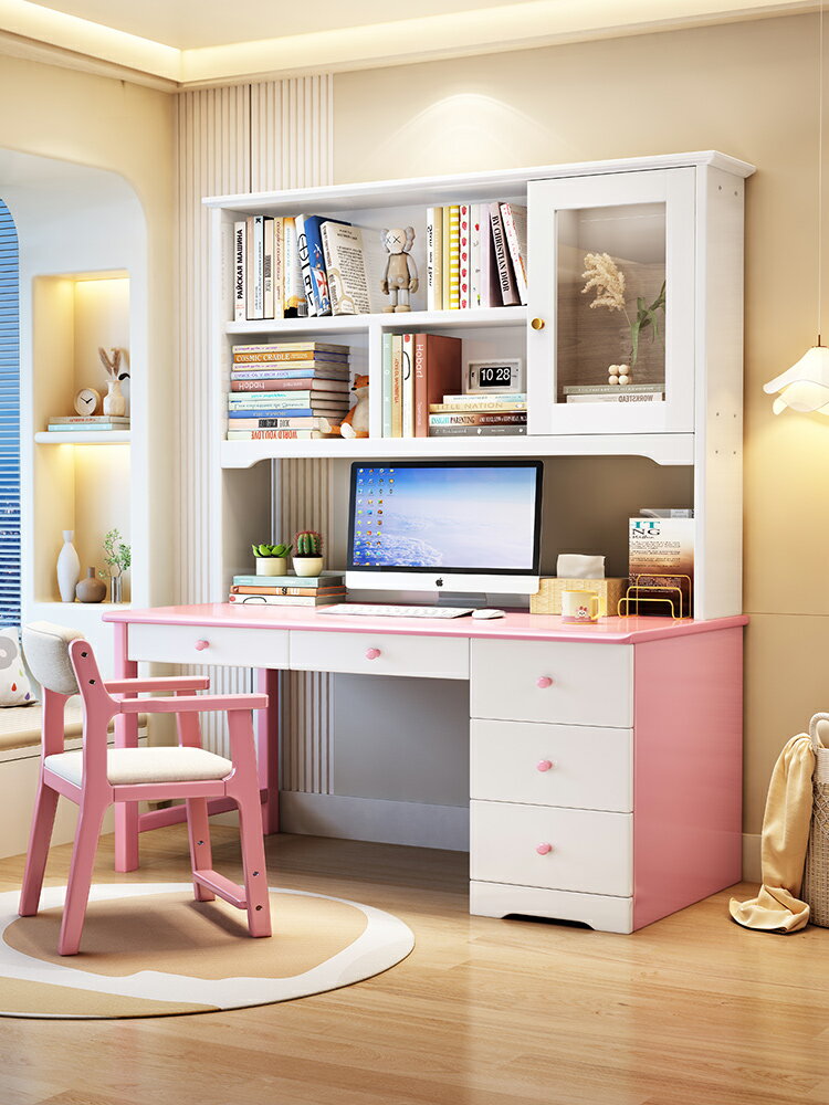 簡易現代實木電腦桌書桌書柜組合式辦公桌家用臥室成人學生寫字桌 3