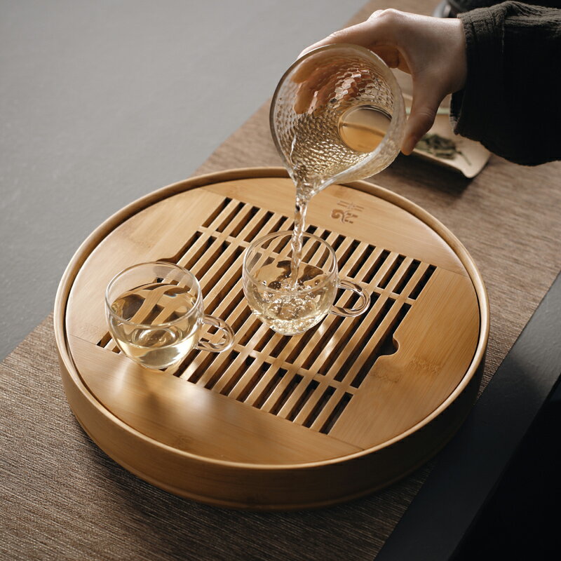 小型茶盤家用小號託盤茶具茶臺一人用簡易竹製圓形蓄水茶海