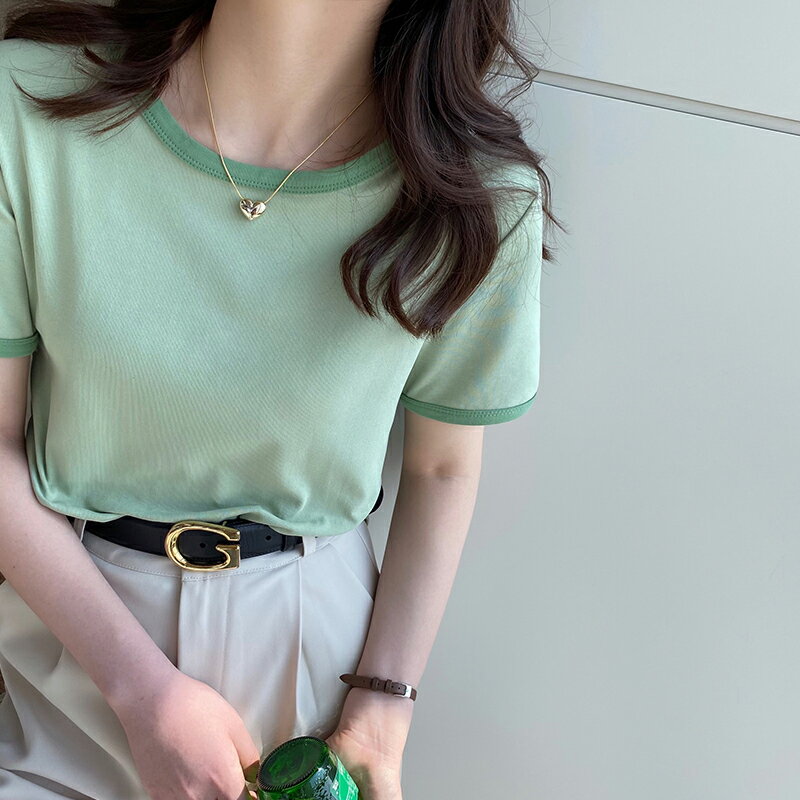 綠色t恤女短袖夏2022年新款正肩撞色半袖面膜純棉短款上衣體恤潮