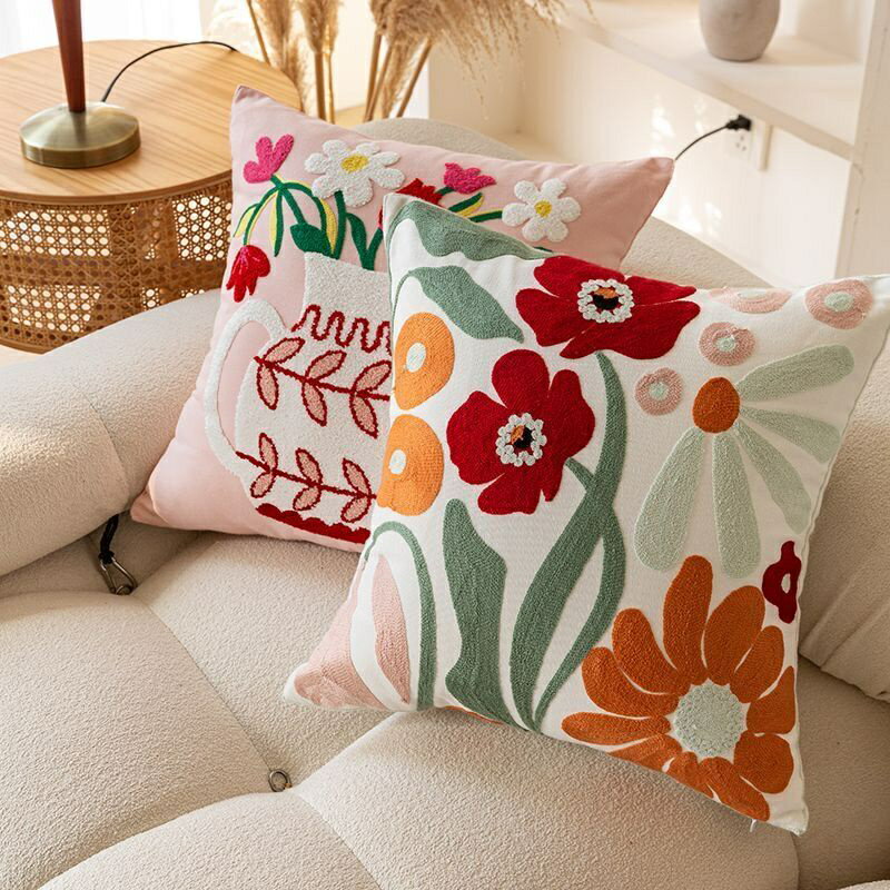 靠 花卉刺繡抱枕套北歐風純棉靠墊床頭客廳沙發抱枕 花草集枕套