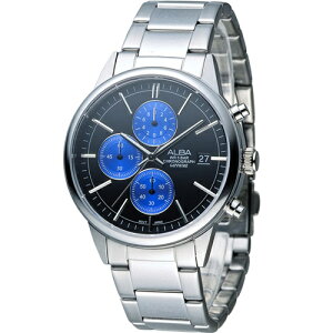 ALBA 雅柏錶-指定商品-街頭酷流行系列時尚三眼計時腕錶 VD57-X079B(AM3333X1)-40mm-黑面籃圈鋼帶【刷卡回饋 分期0利率】