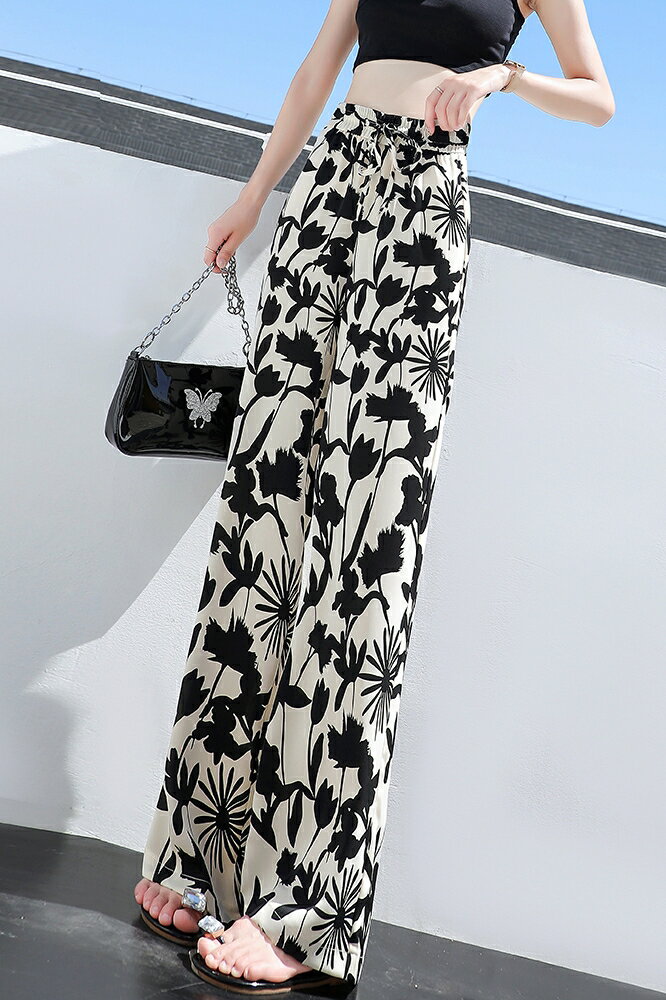 雪紡直筒闊腿褲女夏裝新款高腰寬松垂感甩褲冰絲休閑拖地褲女褲子 5