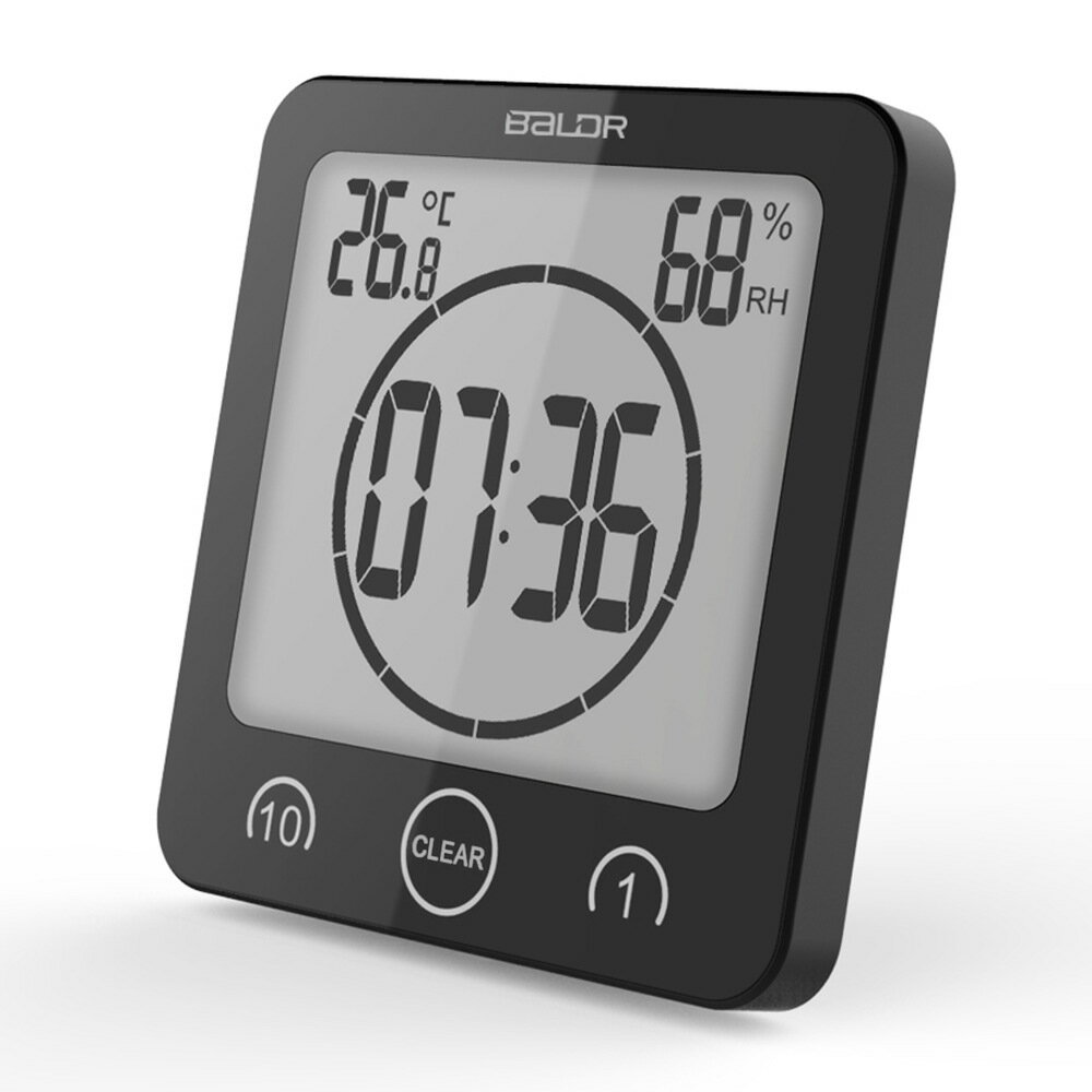 BALDR 1/10分鐘倒計時防水浴室鐘掛鐘溫濕度計帶吸盤廚房計時器