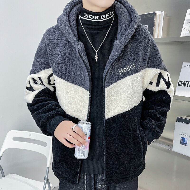 秋冬季羊羔絨夾克外套男連帽寬松潮流帥氣拼色加厚搖粒絨短款風衣