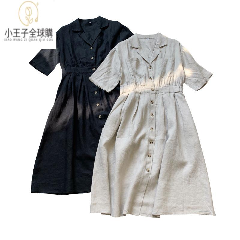 【公司現貨速發】免運 開發票 小王子女裝新款亞麻連衣裙女士法式優雅風翻領重工高階感通勤亞麻連衣裙女裝上衣 流行女裝 棉麻 早秋 日韓女裝