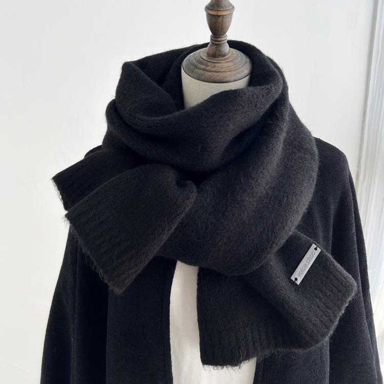 韓版2022新款羊毛混紡純色黑色圍巾女冬季高級感加厚保暖圍脖男生