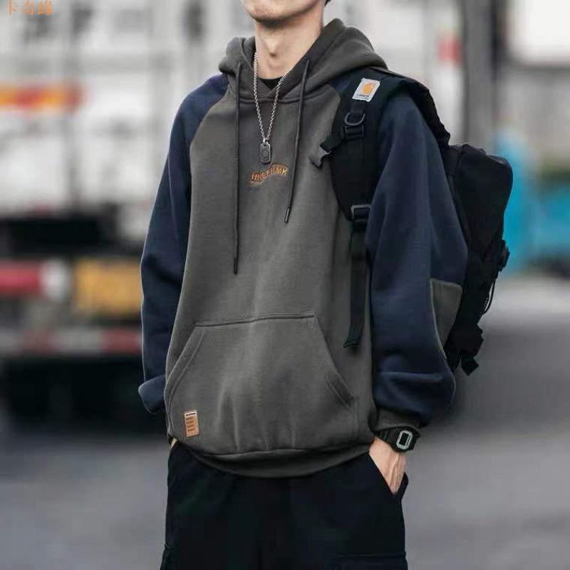 美式潮牌秋冬季衛衣男連帽加絨加厚拼色嘻哈寬松潮流百搭薄款外套