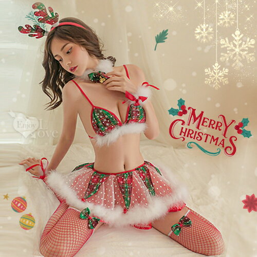 【送清潔粉】魅力狂歡派對！麋鹿髮箍紅綠格紋拼接點點雪花蓬蓬短裙七件式套裝