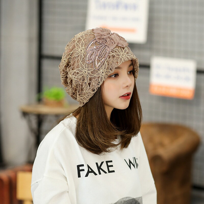 帽子女士冬季保暖時尚韓版包頭帽百搭蕾絲化療防風帽春秋月子帽潮