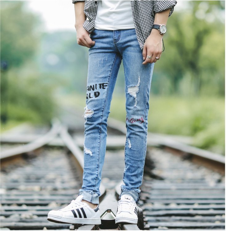 FINDSENSE品牌 韓國 潮流 設計修身印花破洞牛仔褲男 毛邊卷邊