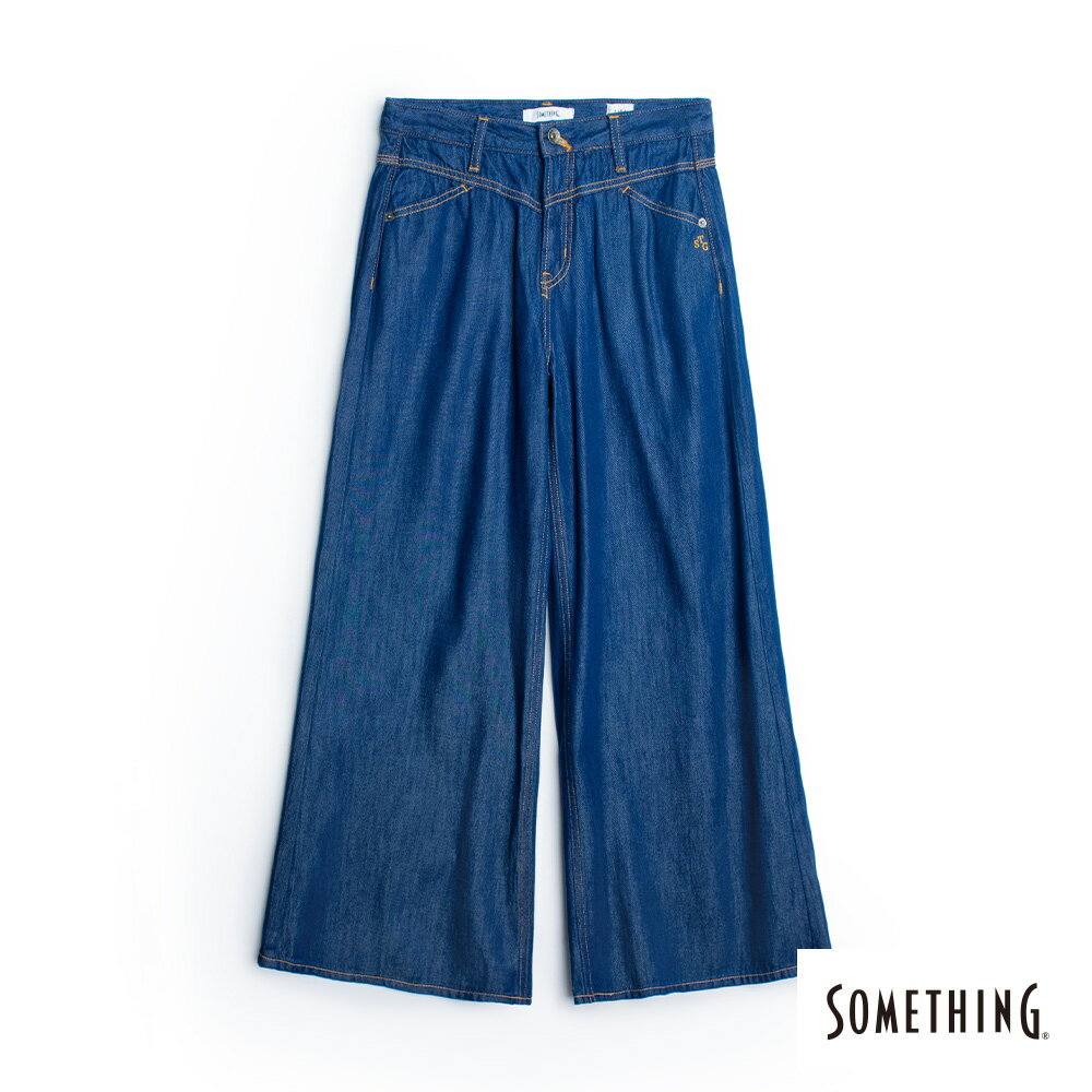 SOMETHING 女款 激腰束腹丹寧寬褲 (原藍色)