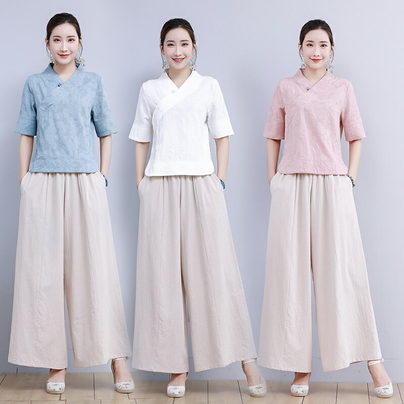 夏裝新款中國風文藝復古茶服中式上衣短袖闊腿褲亞麻兩件套裝