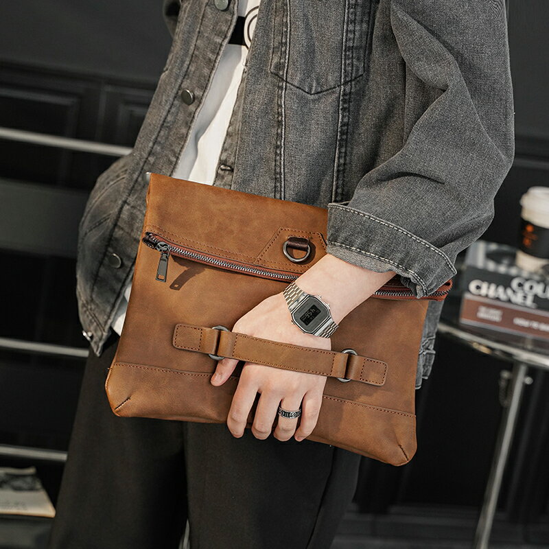 復古潮男皮質折疊手拿包 休閑街頭男士手腕包 多功能便攜帶肩帶包