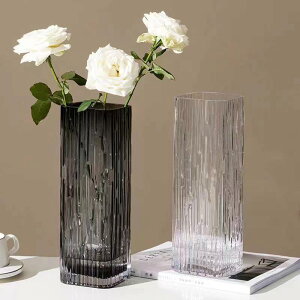 花瓶 現代簡約輕奢豎紋透明高顏值玻璃花瓶北歐插花水養餐廳客廳擺件