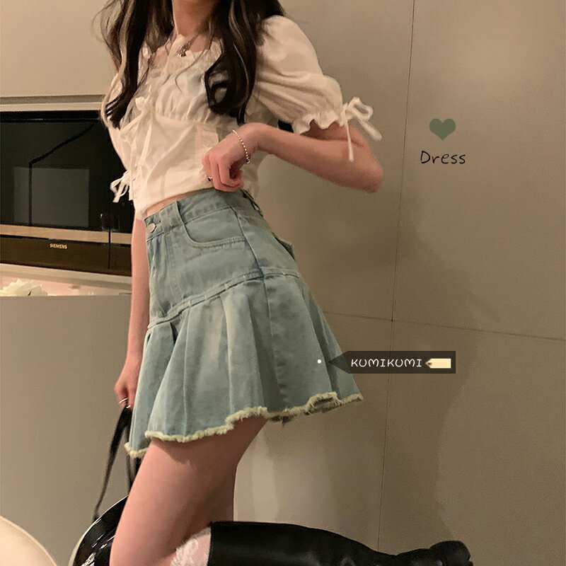 辣妹牛仔半身裙女裝夏季高腰顯瘦a字短裙設計感小眾百褶裙ins裙子